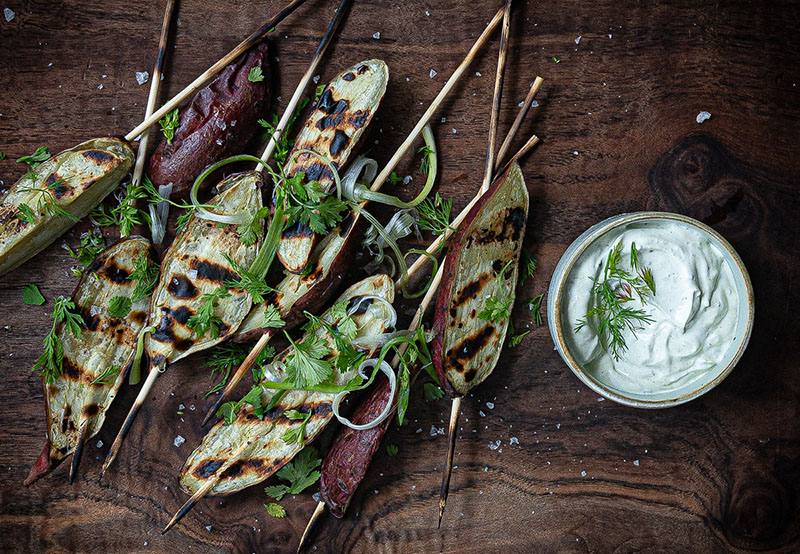Grilled Japanese Sweet Potato Skewers and Herbed Labneh